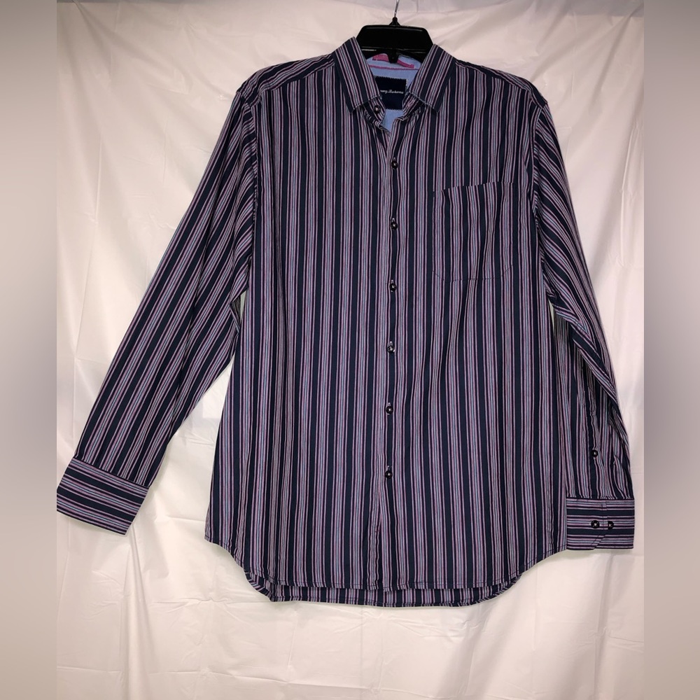 Tommy Bahama Button Shirt Navy Plum Light Blue Striped Men’s Medium